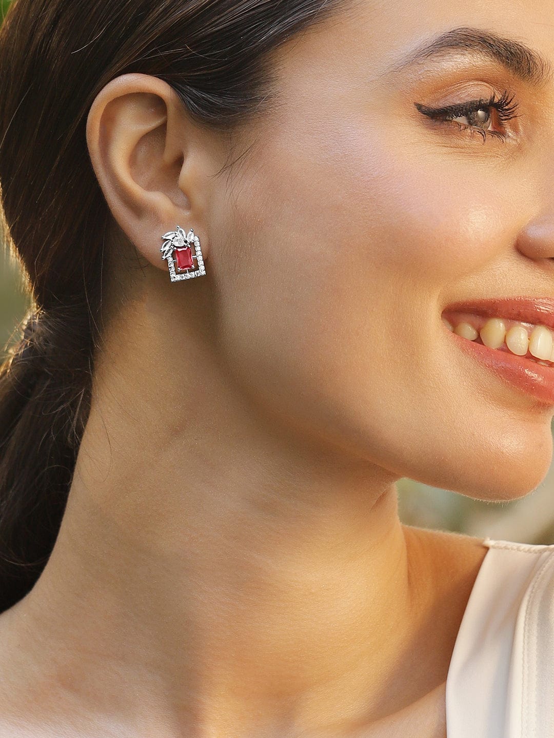 Rhodium Plated Ruby & White Cubic Zirconia Studded Geometric Stud Earrings - Silver