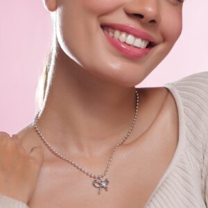 Rhodium Plated Silver Beaded Chain Necklace with Minimalist Bow Pendant - Silver
