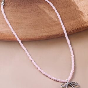Rhodium Plated Soft Pink Beaded Necklace with Silver Bow Pendant - Silver