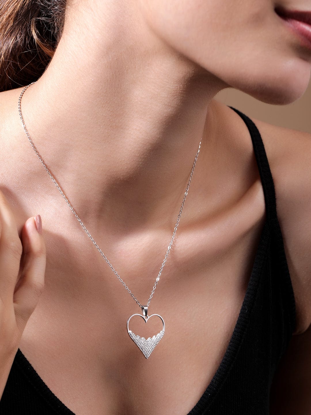 Rhodium-Plated Stainless Steel Tarnish-Free Waterproof Zirconia Studded Heart Pendant - Silver Plated