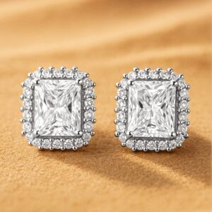 Rhodium-Plated Statement Stud Earrings with Large Princess-Cut Cubic Zirconia - Silver