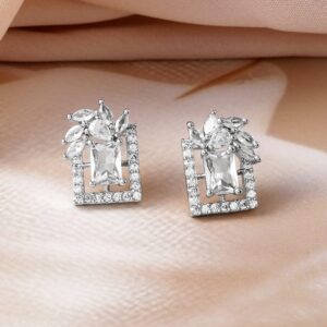 Rhodium Plated White Cubic Zirconia Studded Geometric Stud Earrings - Silver