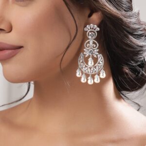 Rhodium plated Zirconia crystals studded pearl beaded chandelier earrings - Silver