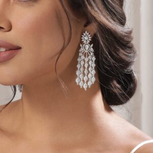 Rhodium plated Zirconia Pave Studded Drop Statement Earrings - Green