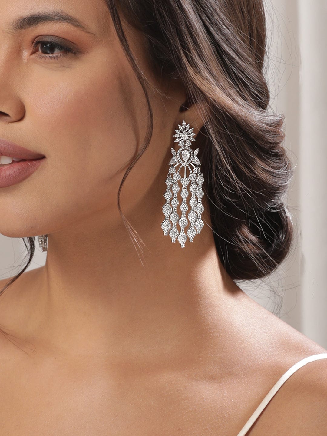 Rhodium plated Zirconia Pave Studded Drop Statement Earrings - Silver