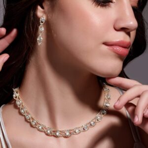 18K Gold Plated AD & White Cubic Zirconia Studded Necklace and Earring Set - Gold