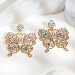 18K Gold-Plated AD & Zirconia Studded Glamorous Chunky Stone Butterfly Drop Earrings