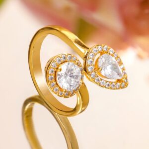 18K Gold-Plated Adjustable Dual-Stone Open Ring with Cubic Zirconia Halo Detailing