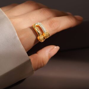18K Gold Plated Adjustable Finger Ring with Textured Dual Beads & CZ Accents - Gold