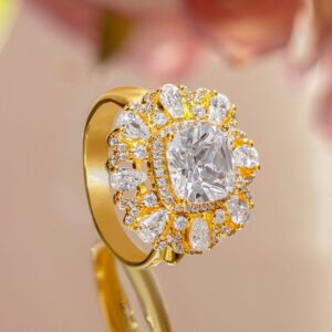 18K Gold-Plated Adjustable Floral Halo Statement Ring with Pear & Round Cubic Zirconia Detailing