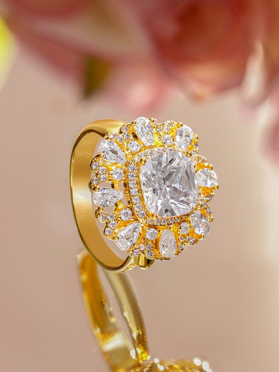 18K Gold-Plated Adjustable Floral Halo Statement Ring with Pear & Round Cubic Zirconia Detailing