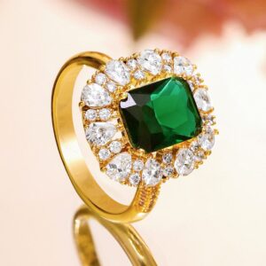 18K Gold-Plated Adjustable Ring with Emerald Green Stone & Cubic Zirconia Halo