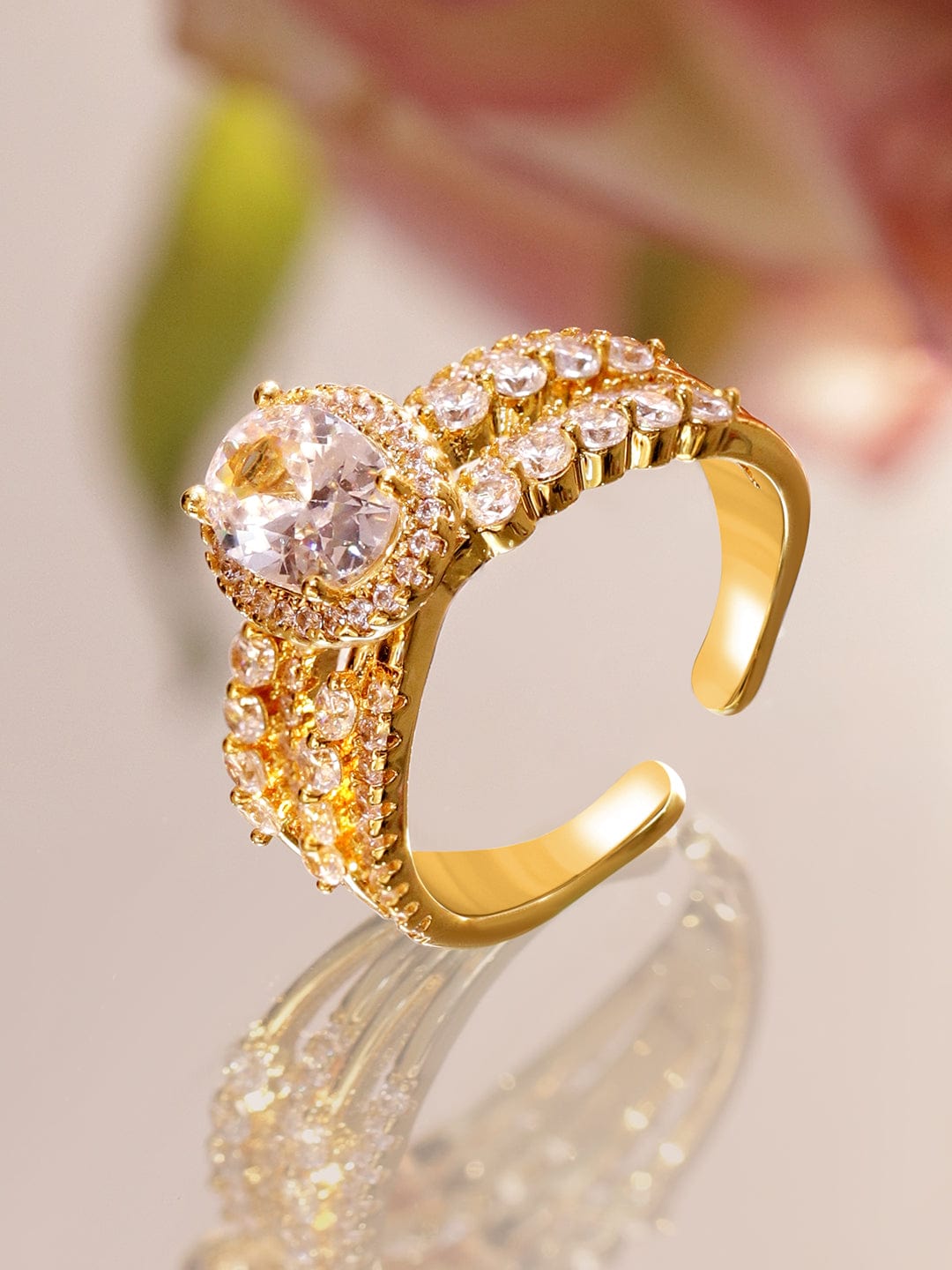 18K Gold-Plated Adjustable Ring with White AD & Cubic Zirconia Triple Band Design