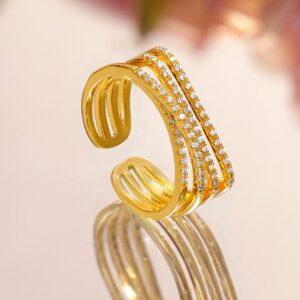 18K Gold-Plated Adjustable Triple Row Crystal-Studded Open Statement Ring