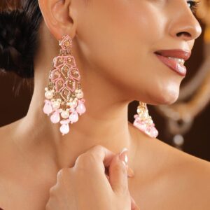 18K Gold-Plated Baby Pink Kundan & Pearl Studded Handcrafted Long Chandelier Earrings