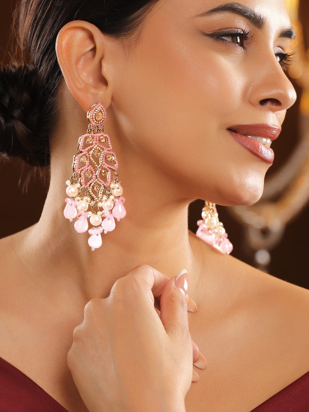 18K Gold-Plated Baby Pink Kundan & Pearl Studded Handcrafted Long Chandelier Earrings