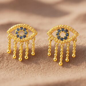 18K Gold-Plated Blue Stone & Cubic Zirconia Studded Evil Eye Stud Earrings
