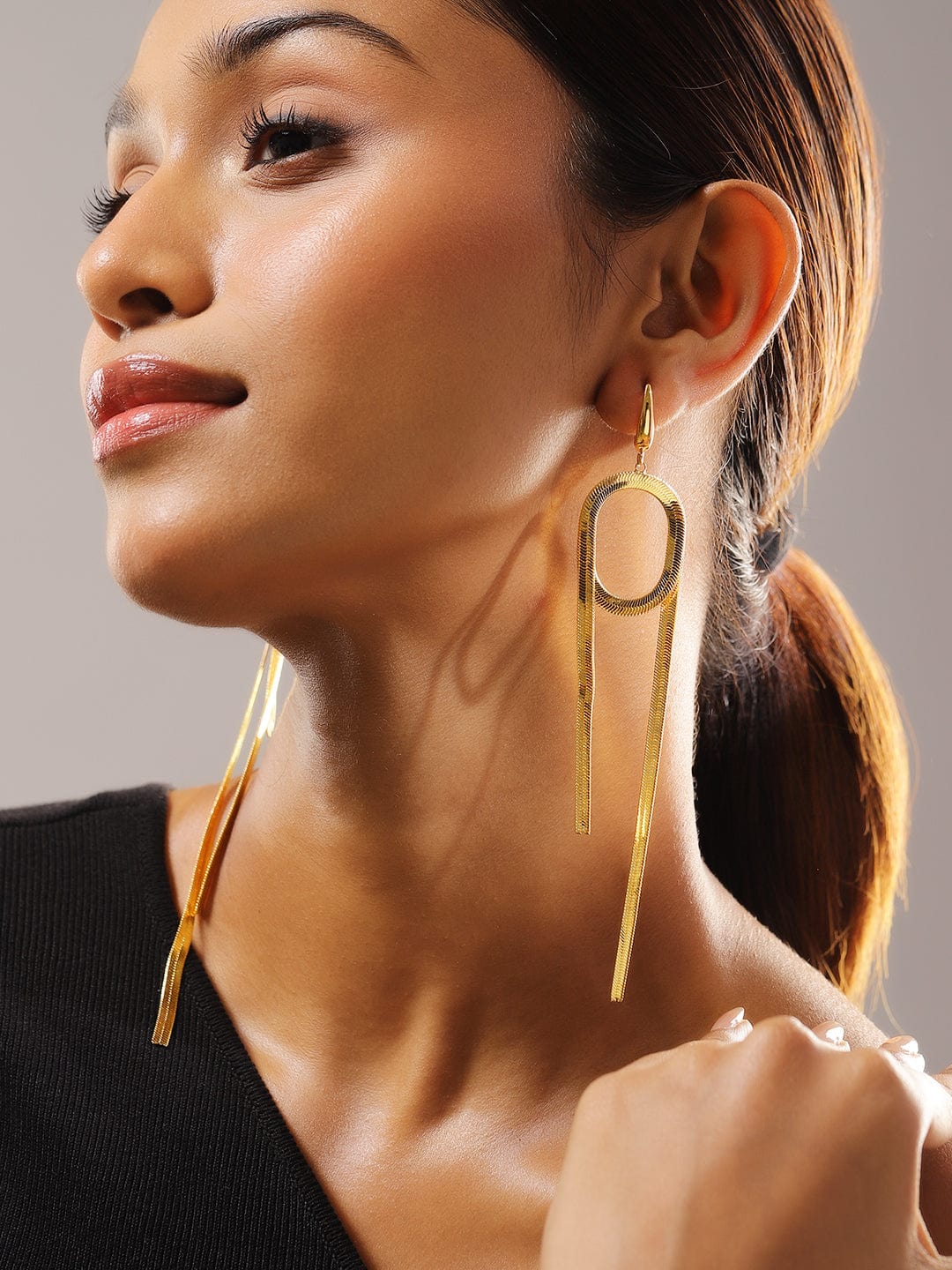 18K Gold-Plated Bold Geometric Loop Shoulder Duster Statement Earrings - Gold