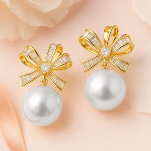 18K Gold-Plated Bow Design Cubic Zirconia & Pearl Stud Earrings - Gold