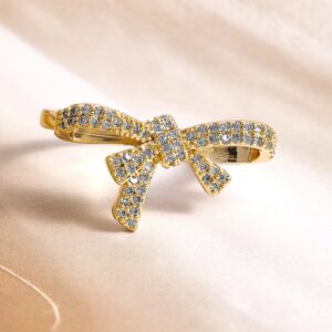 18K Gold Plated Bow Design Ring with Cubic Zirconia - Gold