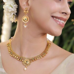 18K Gold-Plated Brass Antique Design Necklace Set with Ruby & Emerald Beads