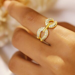 18K Gold-Plated Brass Cubic Zirconia Studded Chain-Link Adjustable Ring