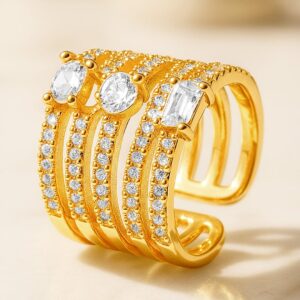 18K Gold-Plated Brass Cubic Zirconia Studded Multi-Band Adjustable Finger Ring