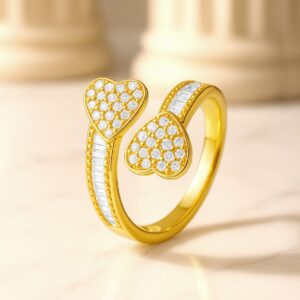 18K Gold-Plated Brass Dual Heart Cubic Zirconia Studded Adjustable Statement Ring