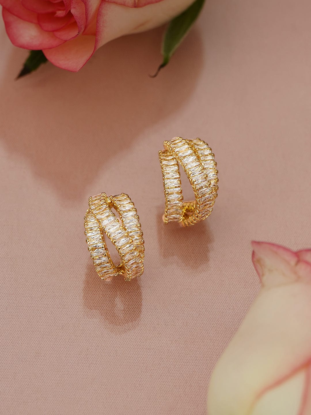 18K Gold-Plated Brass Hoop Earrings with White Cubic Zirconia Detailing