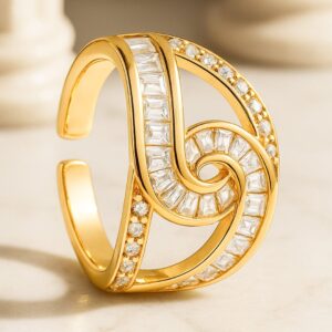 18K Gold-Plated Brass Linked Curve Design Cubic Zirconia Adjustable Finger Ring