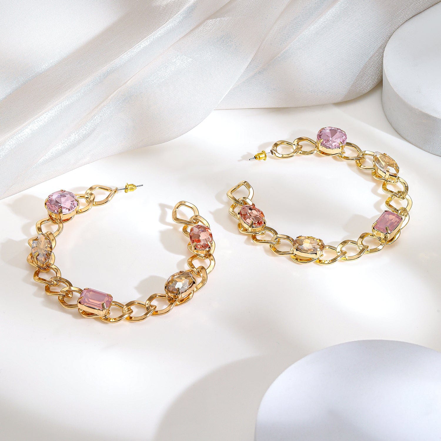 18K Gold-Plated Chain Link Hoop Earrings with Pink Crystal Stones