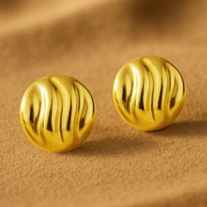 18K Gold Plated Circular Stud Earrings with Elegant Wave Design - Gold