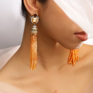 18K Gold Plated Citrine Yellow Beaded Tassel & Cubic Zirconia Long Dangle Earrings - Orange