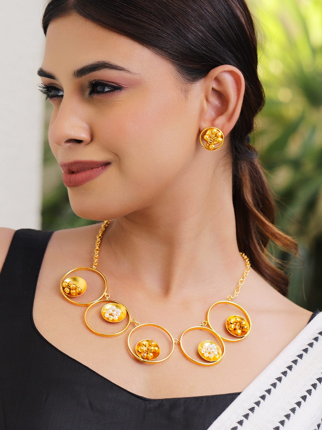18K Gold-Plated Contemporary Necklace & Earring Set with Beaded Detailing - Gold