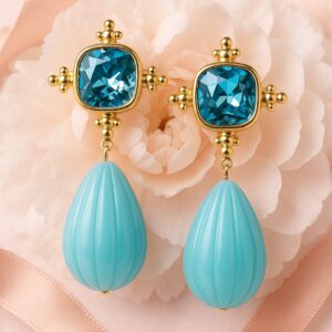 18K Gold Plated Crystal Blue Sapphire Studded & Aqua Beaded Statement Drop Earrings - Blue
