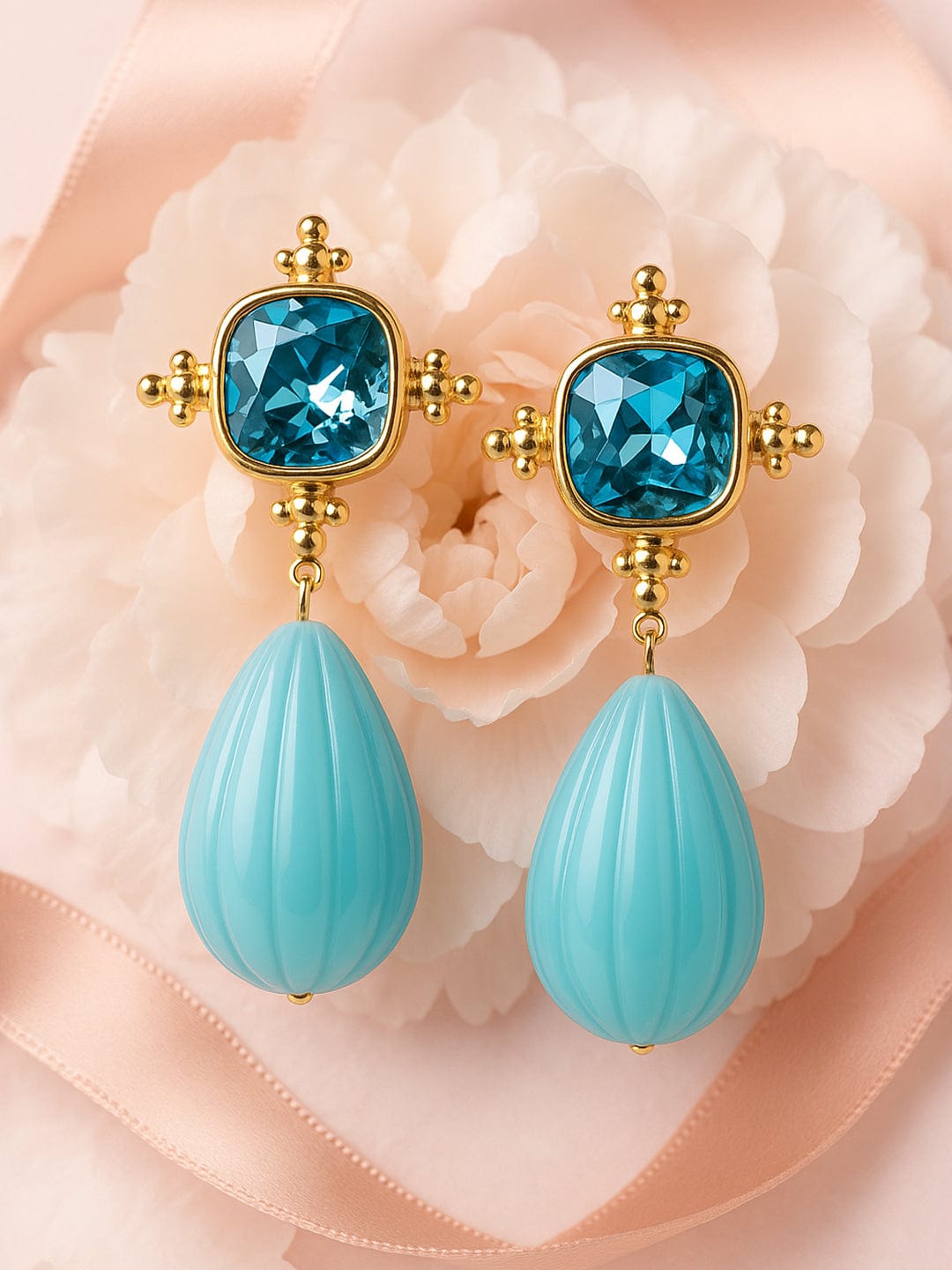 18K Gold Plated Crystal Blue Sapphire Studded & Aqua Beaded Statement Drop Earrings - Blue
