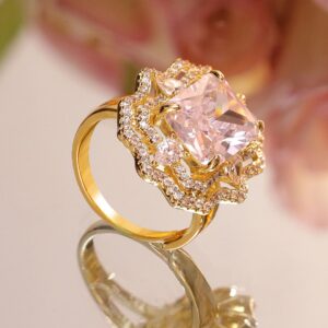 18K Gold-Plated Crystal Pink & White Cubic Zirconia Floral Halo Adjustable Ring