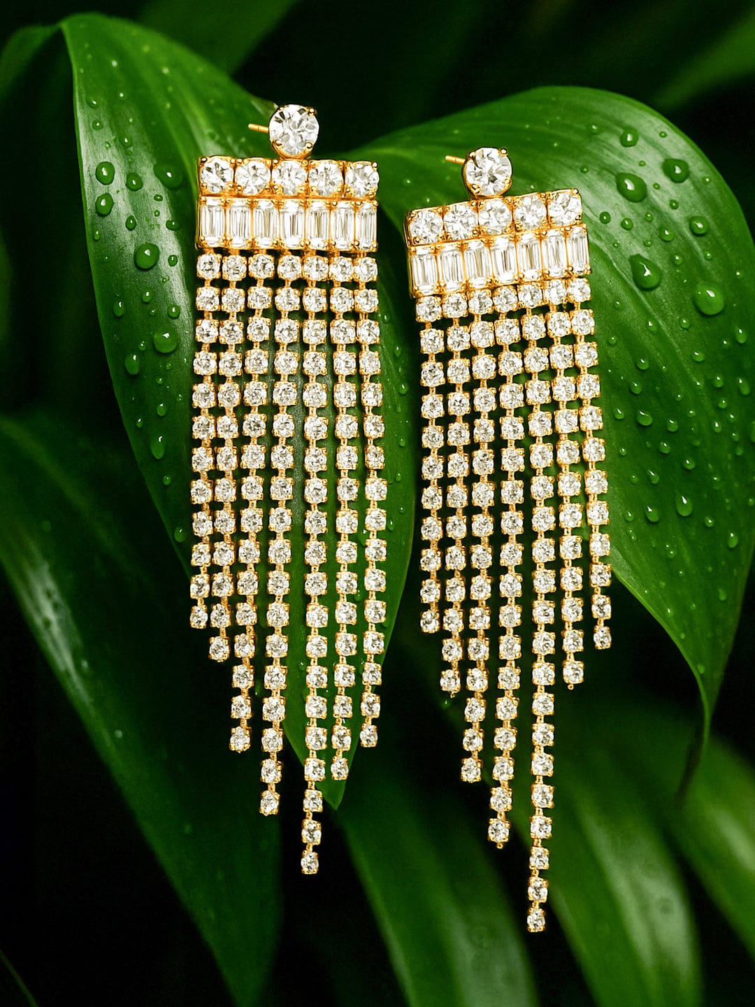 18K Gold Plated Crystal Studded Tassel Earrings - Gold