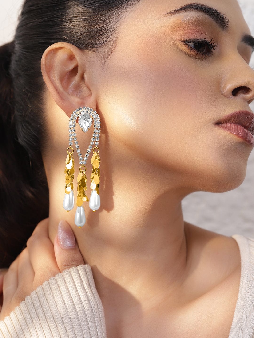 18K Gold-Plated Crystal White Cubic Zirconia & Pearl Tassel Statement Drop Earrings