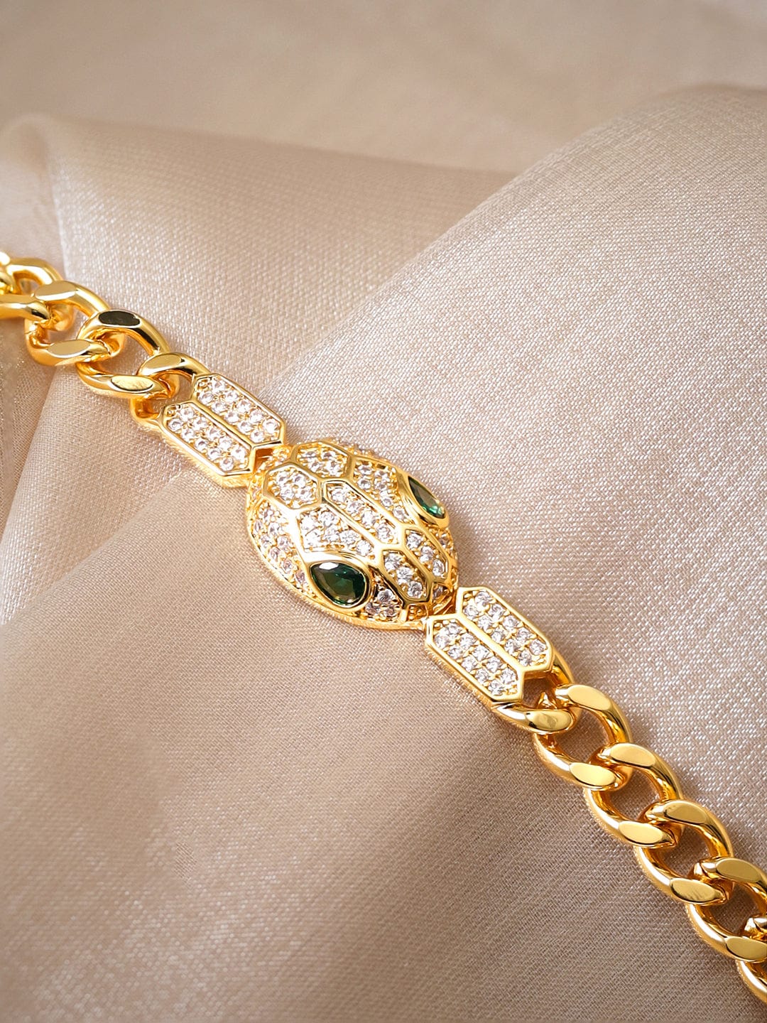 18K Gold Plated Cuban Chain Crystal Srtudded Serpant Bracelet - Gold