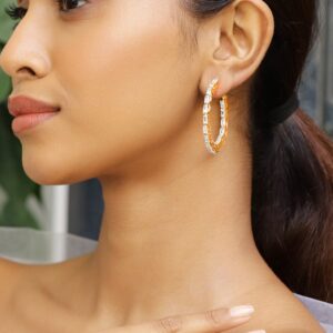 18K Gold-Plated Cubic Zirconia Studded Baguette-Cut Hoop Earrings - Gold