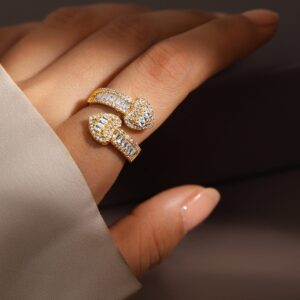 18K Gold-Plated Cubic Zirconia Studded Double Buckle Design Adjustable Ring - Gold