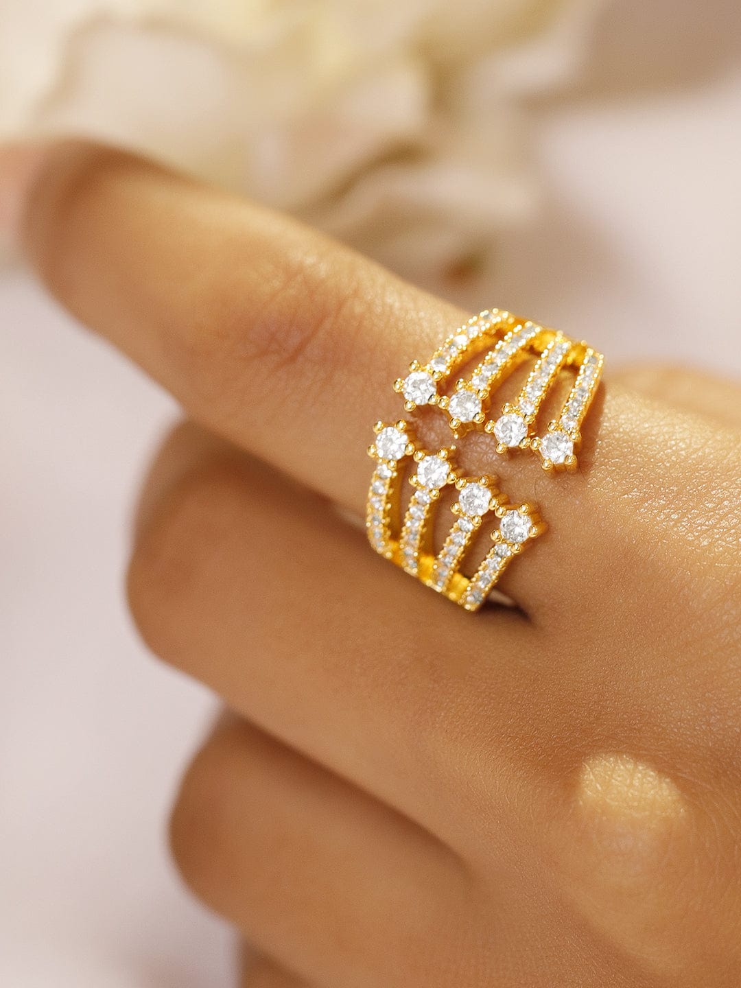 18K Gold-Plated Cubic Zirconia Studded Multi-Row Adjustable Statement Ring