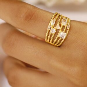 18K Gold-Plated Cubic Zirconia Studded Multi-Shape Adjustable Statement Ring