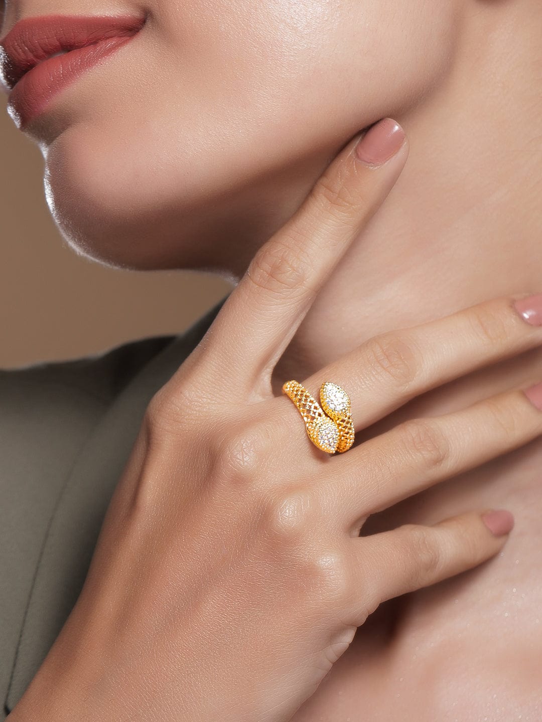 18K Gold Plated Cubic Zirconia Studded Snake Design Adjustable Ring - Gold