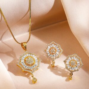 18K Gold-Plated Cubic Zirconia Studded Starburst Drop Classic Pendant Necklace Set