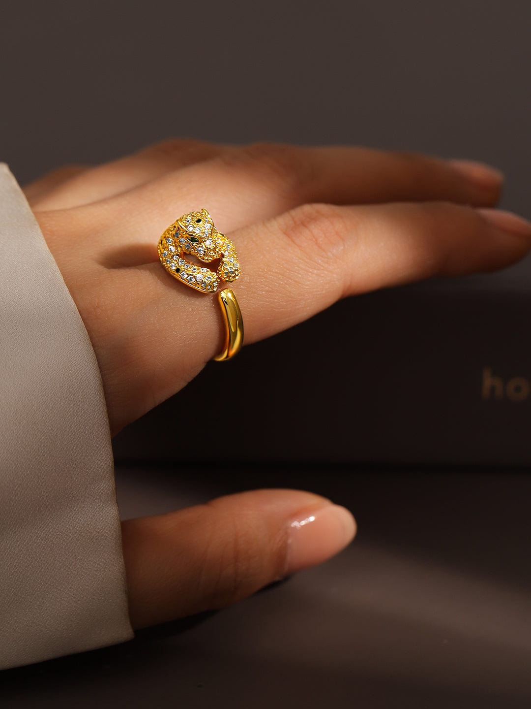 18K Gold-Plated Demi-Fine Panther Motif Cubic Zirconia Studded Openable Ring - Gold