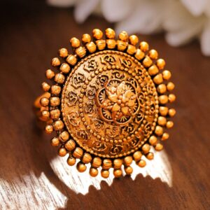 18K Gold-Plated Dome-Shaped Floral Engraved Adjustable Ring