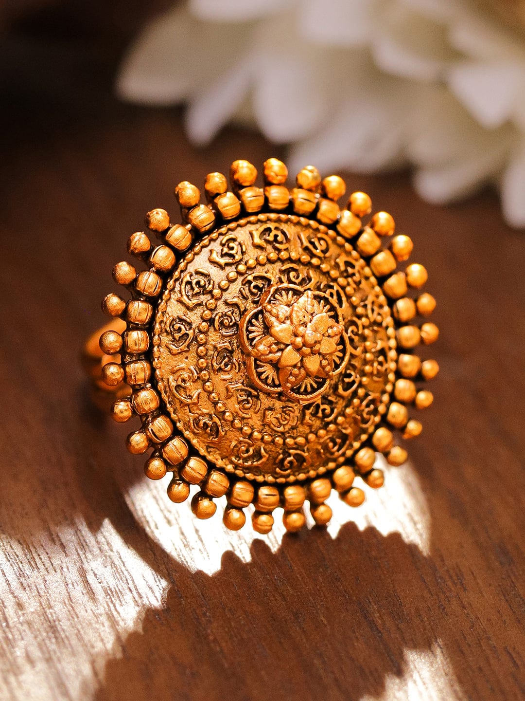 18K Gold-Plated Dome-Shaped Floral Engraved Adjustable Ring