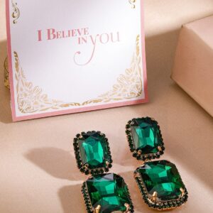 18K Gold-Plated Emerald Cut Crystal Dangle Earrings - Green